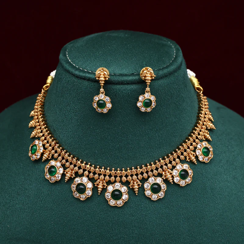 Antique AD Flower Double Line Thushi Necklace Set - Green